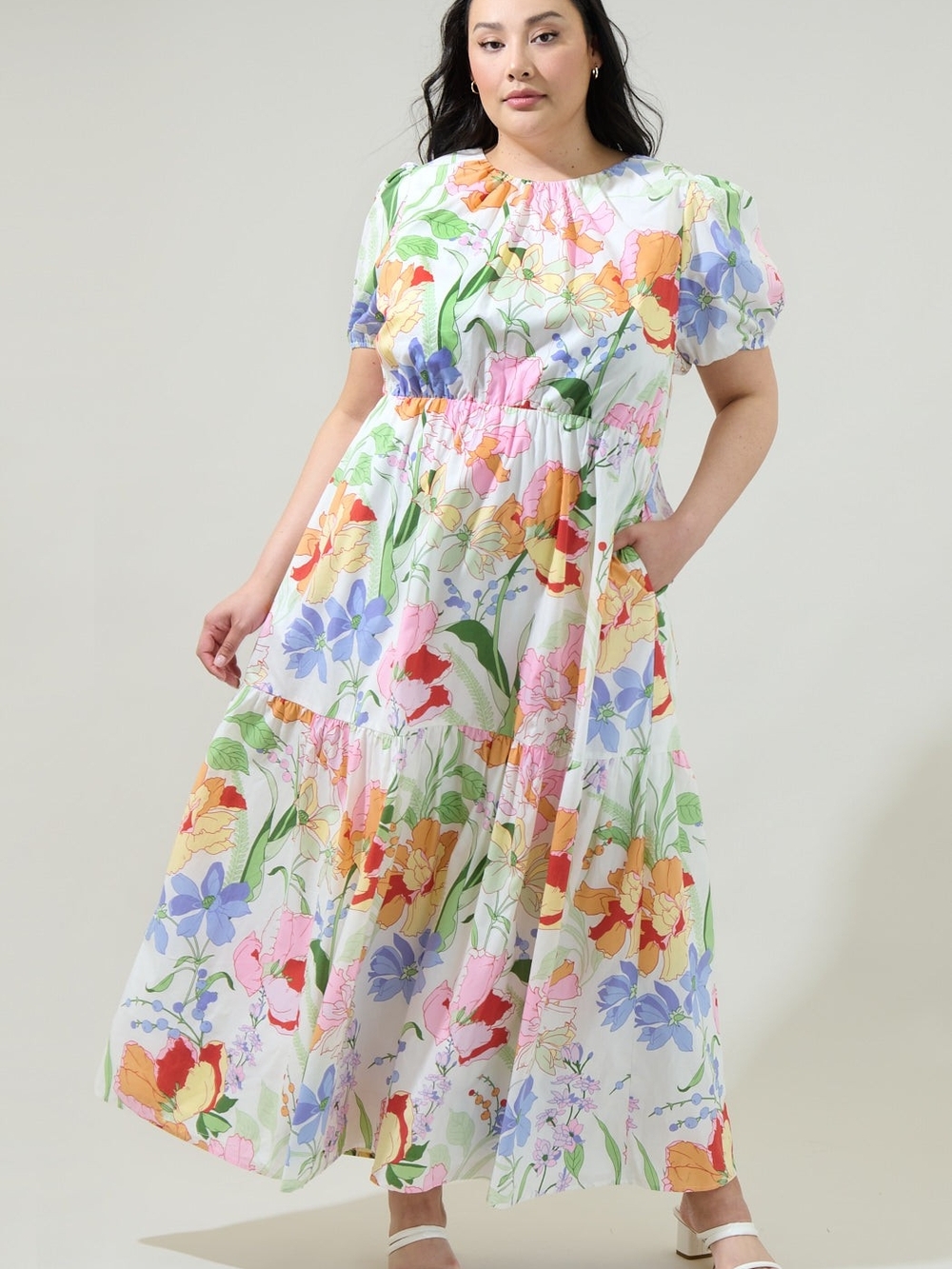 NWT Sugarlips Juliet Floral Tiered Maxi Dress White Multi 1X - Picture 3 of 6
